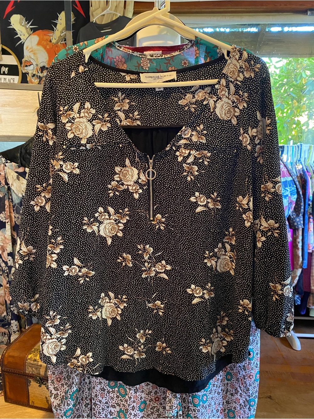 Tempted Hearts Black and Cream Floral Zip-Front Blouse